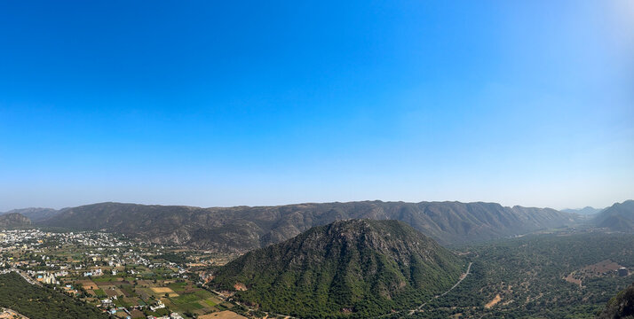 Panoramic view of Pushkar city of Rajasthan from Savitiri temple located on a hill of Aravalli Range