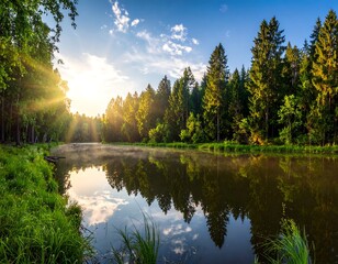 Scenic morning view of a tranquil lake and dense forest bathed in sunlight