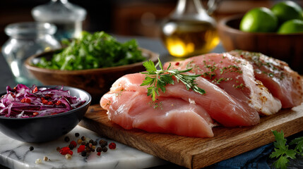 Diced fresh raw chicken breast cut in strips for a goulash or stir fry seasoned with spice rub heaped on a wooden chopping board on white marble