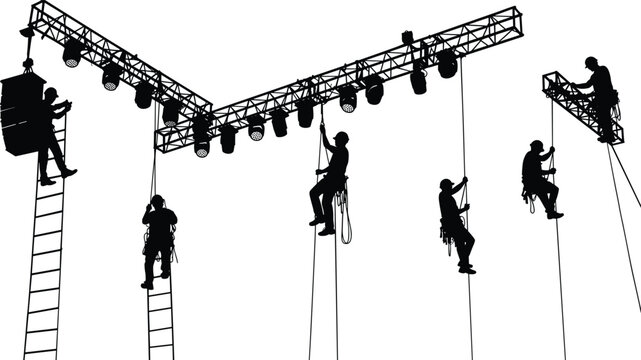 Team of workers installing stage lighting truss using ladders and safety ropes, event setup, concert rigging and lighting installation, vector illustration concept