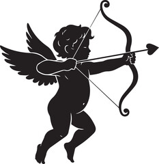 Fototapeta premium Silhouette of cupid aiming his bow and arrow with wings outstretched