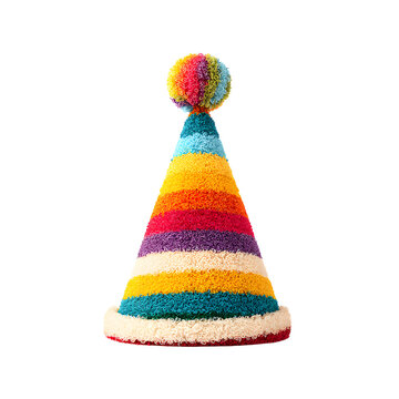 Colorful Striped Party Hat with Pompom Isolated on White Background