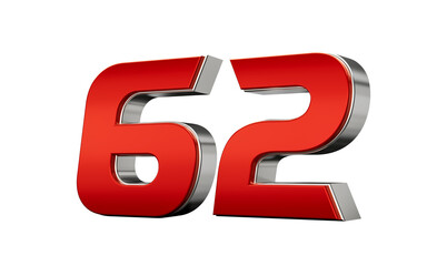 Metallic Red number 62 Sixty two with a glossy finish and reflective silver edges. 3d illustration