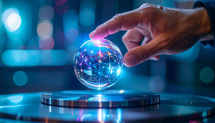 Envisioning Tomorrow: A hand gently touches a luminous sphere, symbolizing innovation, connection, and the exciting possibilities of the future, against a backdrop of soft bokeh.