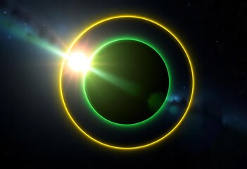 Green planet eclipse glow, cosmic sunrise, galaxy horizon, starry night, meteor arch, space, fantasy