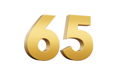 3D Golden number 65 Sixty five with a shiny metallic finish and sharp edges, 3d illustration