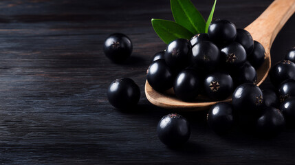 Fresh dark purple acai berries on a wooden spoon with green leaves on a dark wooden background create a contrasting minimalist still life, perfect for themes of superfoods, healthy nutrition, and natu