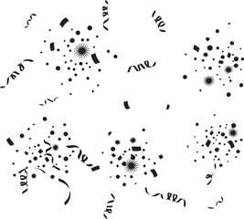 Black confetti and streamers falling on white background celebration