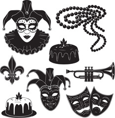 Mardi gras symbols collection festive celebration elements silhouette