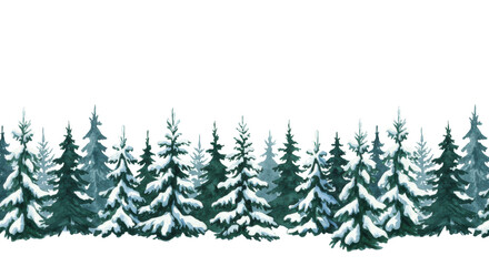 Fototapeta premium Seamless continuous row of dark emerald fir and spruce trees, traditional watercolor texture, detailed powdery snow and icy blue shadows, isolated on a transparent background. Concept for winter