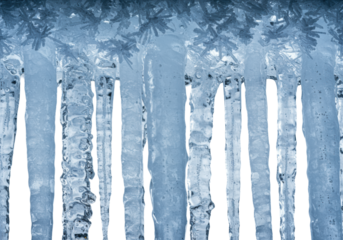 tight macro shot of geometrically varied crystalline icicles coated in thick rime frosting, displaying fractures, high-key rim lighting, transparent background, substantial copy space. concept of