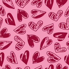 Dark red pattern with textured hearts on a pink background for Valentine's Day and Mother's Day cards, wedding invitations, and textile design.