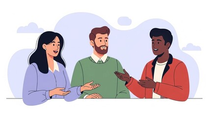 Three diverse individuals engaged in friendly conversation at a table  vector illustration