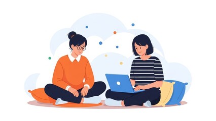 Two Women Working Together on Laptop in Comfortable Indoor Setting with Pillows  vector illustration