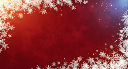 Rich festive red background with decorative white snow and snowflake particles creating a dramatic winter holiday frame effect