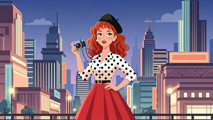 Vintage woman with camera in cityscape retro fashion urban skyline  vector illustration