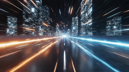 Abstract futuristic city with glowing light trails representing data flow and rapid movement through a digital urban landscape - Powered by Adobe
