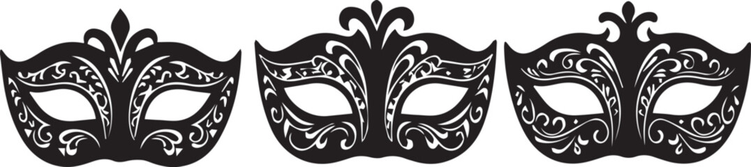 Three ornate black venetian masks arranged in a row on a white background