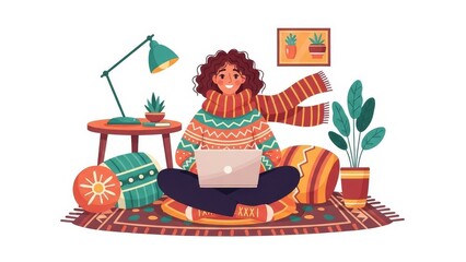Woman Working from Home in Comfortable Living Room with Plants and Laptop vector illustration