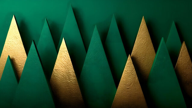 stylized arrangement, triangular shapes, decorative trees, green & shimmering gold surfaces,spruce trees, green background, three-dimensional effect, happy holidays, Christmas tree wallpaper - Powered by Adobe
