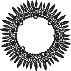 Intricate circular tribal mask and feather headdress design