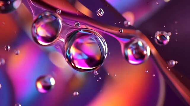 Close-up of colorful water droplets on a reflective surface with vibrant lighting effects