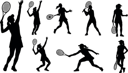 Female tennis player silhouettes in action poses, serve, swing, athletic movement, sports training, dynamic form, flavector © Emon