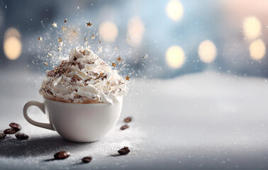 White porcelain cup of coffee with whipped cream and stars decoration. Hot and cozy season