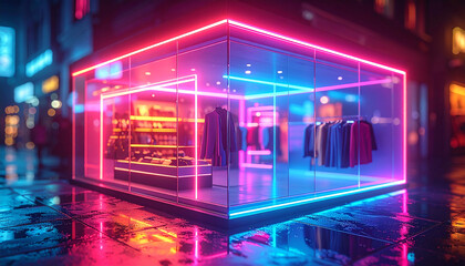 Neon Shopfront: A contemporary shopfront glows with vibrant neon lights, offering a futuristic scene of commerce in a cityscape. Showcasing an appealing display.
