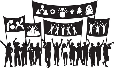 Diverse group of people holding banners with symbols and figures celebrating together