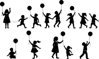 flavector children with balloons silhouette – playful kids walking, running, reaching in joyful poses © Emon