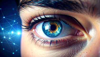 Obraz premium Intriguing Gaze: A captivating close-up of a human eye, a portal to deep thoughts, ideas. It is an exploration of vision and perception.