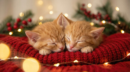 Two ginger kittens sleeping on cozy red knitted blanket with warm Christmas lights and evergreen decorations, adorable winter holiday pet background.