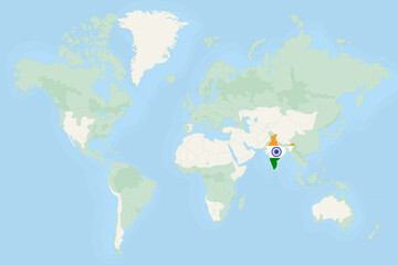 India Highlighted on World Map with National Flag. India Map and Flag.
