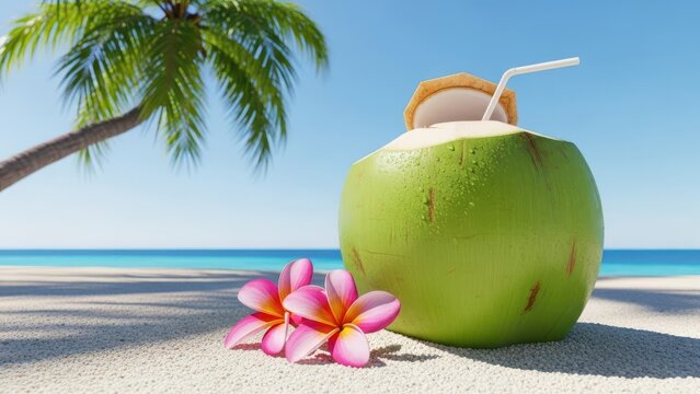 Tropical fresh cocktail on white beach