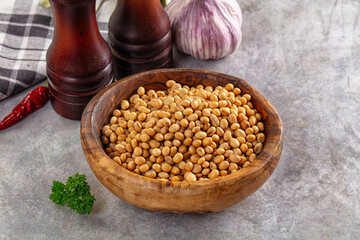 Raw dry soya beans heap