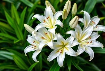 Obraz premium Elegant cluster of pristine white lilies, lush green foliage, nature, white