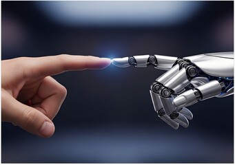 Human Finger Touching Robotic Hand Symbolizing Technology and Connection Between Man and Machine