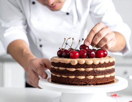 Chef garnishes a chocolate layer cake with fresh, red cherries