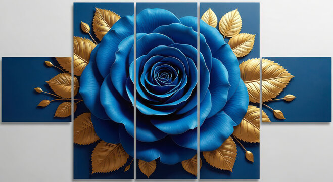 Luxury five panel floral wall art featuring blue rose with gold leaves on elegant dark background