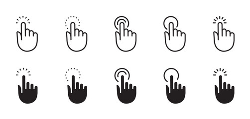 Click line black icon set. Hand, finger sign. Clicking symbol. Touch screen, tap, select, activation concept. Element for social media,interface,website, network. Editable stroke. Vector illustration.