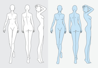 Female fashion figure technical flat sketch vector mockup illustration.