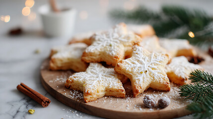 Star-shaped cookies sit on a wooden board dusted with powdered sugar. Cinnamon sticks and nuts are present. Green pine branches and lights create a festive atmosphere.