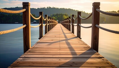 Obraz premium Dock stretches across tranquil lake, mountains in distance