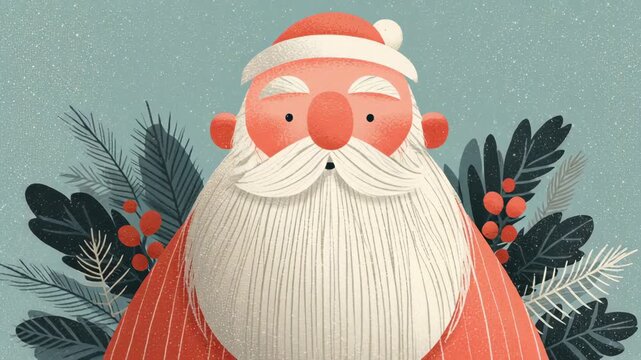 A cartoonish drawing of Santa Claus with a beard. Retro santa art style, christmas, retro holiday card design featuring santa with classic stylized expression, gentle grain texture, soft retro palette
