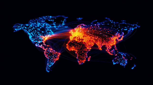Global export connections map highlights trade routes with export controls and duty regulations, showing impact of tariffs on global trade and export activities in dynamic network