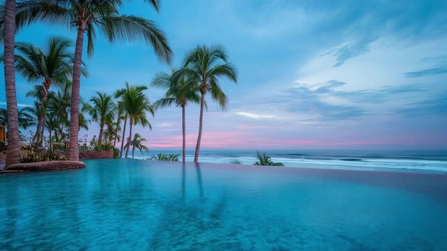 Luxury tropical infinity pool overlooking ocean sunset with silhouetted palm trees and colorful pink sky reflection