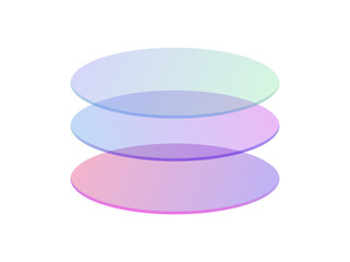 Three transparent gradient glass oval layers stacked on top of each other in a clean 3d style. Minimalist stack of three transparent oval shapes. Layers create a clean, modern aesthetic.