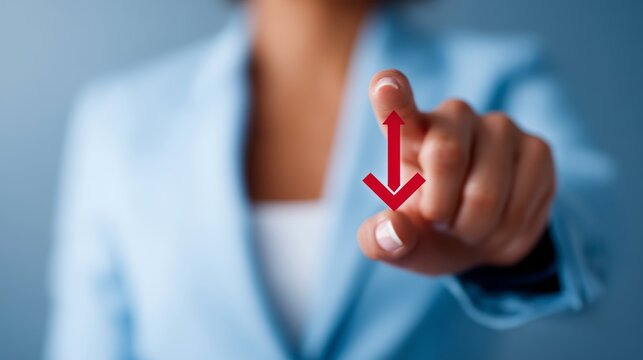 Declining Global Sales, loss, Concept of Retraction and Failure - Woman Hand Deleting Upward Arrow, Canceling Success on Screen