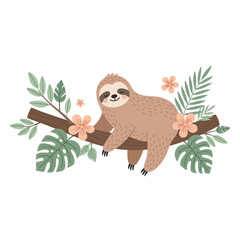 Naklejka premium Cute cartoon sloth relaxing on a tropical tree branch with leaves and flowers.